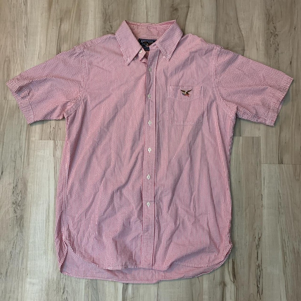 American Living Mens Large Pink White Striped Short Sleeve Button Up Eagle Shirt